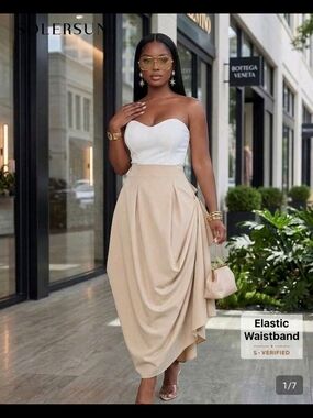 Women's Beige Draped Midi Skirt